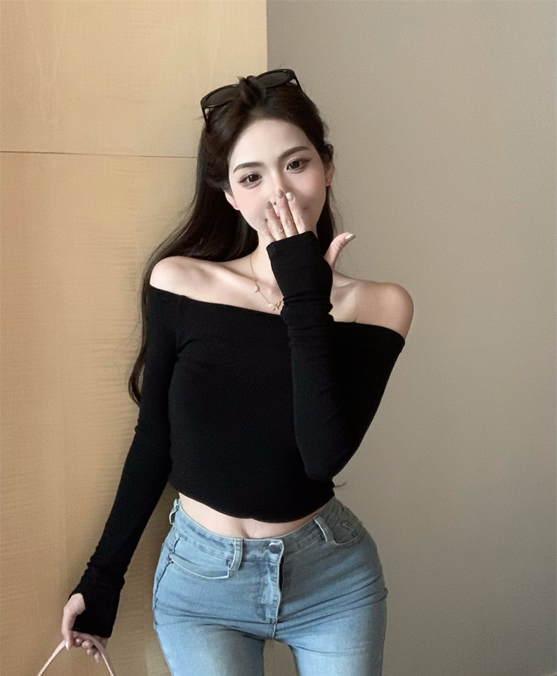 Hot girl sexy pure desire off-shoulder slim short bottoming shirt one-shoulder long-sleeved T-shirt top for women