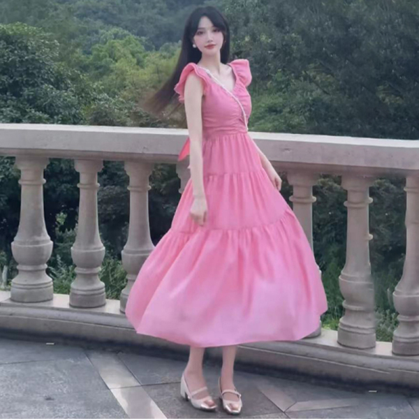 RM20546#粉色小飞袖吊带连衣裙子女夏季2023新款海边度假法式绝美无...