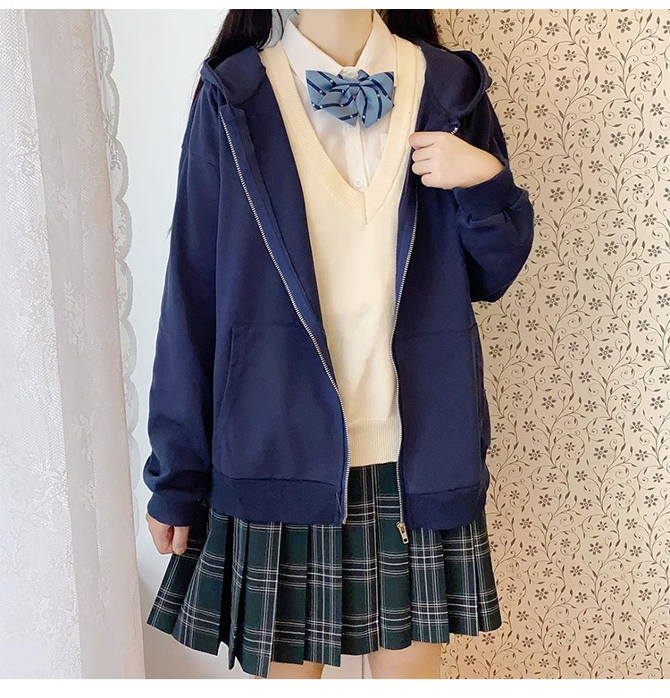 Middle and high school students navy blue autumn coat women's spring and autumn thin loose and versatile Japanese style soft girl jk hooded sweatshirt