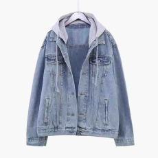 批发2023春秋新款连帽BF浅色牛仔外套女宽松情侣牛仔褂夹克上衣大码潮