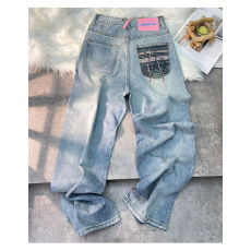 批发浅色直筒牛仔裤女夏秋刺绣撞色流苏设计高腰小众宽松拖地阔腿长裤
