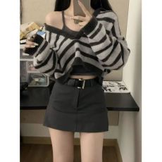 批发新款美式条纹针织背心小个子宽松显瘦甜辣休闲时尚套装女