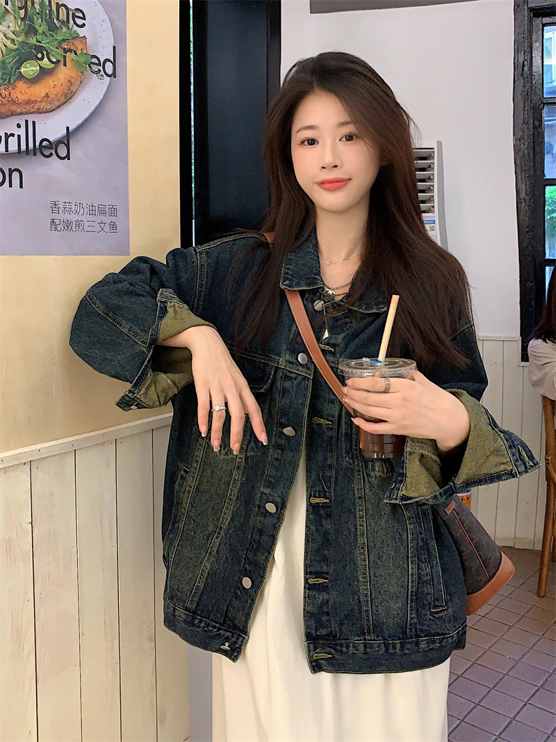 항구 바람 레트로 데님 여성 코트 2026 봄 새로운 봄과 가을 루즈핏 워싱 마 오래된 재킷 긴팔 맨위