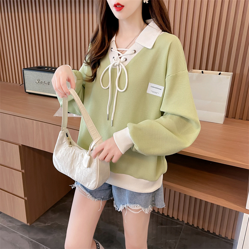 실사 260 그램 후아 남편 그리드 경기 350 그램 cvc 리브 이른 가을 작은 키 POLO 칼라 긴팔 후드티 여성