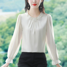 实拍 现货 立领雪纺衫女长袖2023春秋新款法式衬衫木耳领打底衫