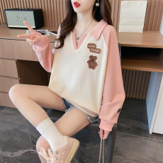 批发首发实拍260克华夫格配350克CVC螺纹早秋小个子POLO领长袖卫衣女