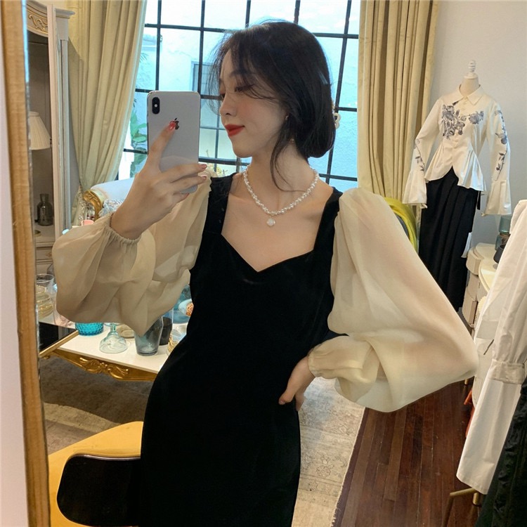 2025 가을 의상 금사 벨벳 드레스 프랑스식 광장 칼라 거품 소매 빅 사이즈 슬림해 보이는 드레스 m-4xl200 근