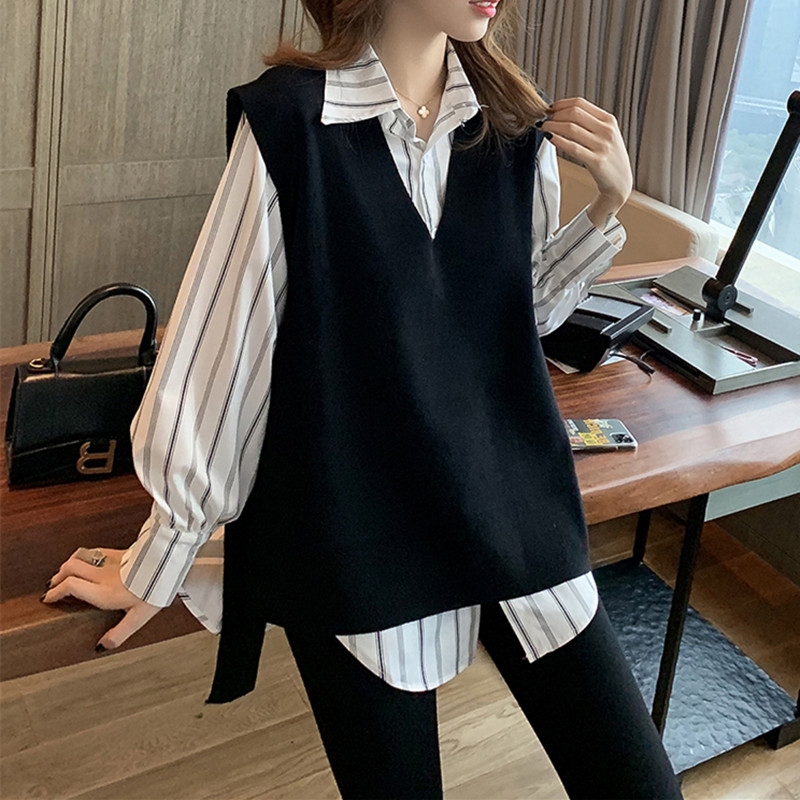 가을 의상 새로운 빅 사이즈 여성 의류 POLO 칼라 수직 기사 셔츠 베스트 빅 사이즈 투피스 세트 맨위