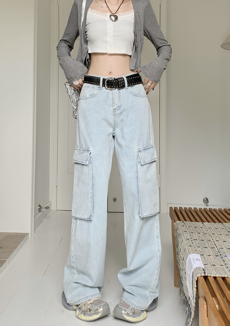 Actual shot#New workwear denim trousers for women with large pockets, loose straight wide-leg floor-length mopping trousers