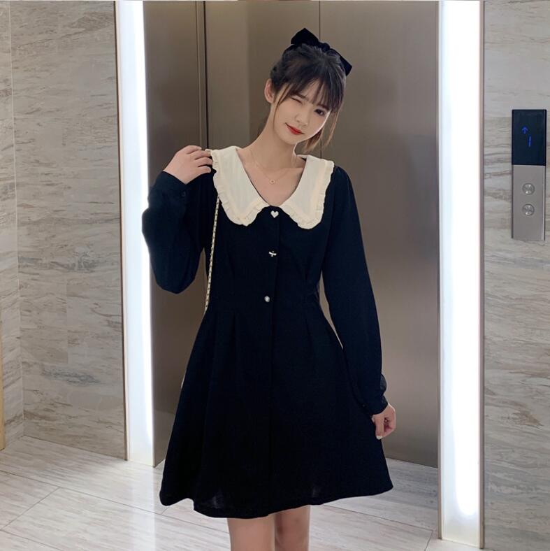 PF29241#大码胖MM娃娃领裙收腰气质长袖连衣裙女裝貨源服裝批發
