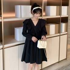 批发早春实拍2026新款<b class='q'>大码</b>女装收腰气质V领泡泡袖小众连衣裙