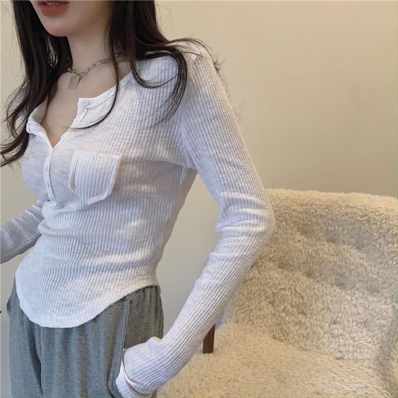 White t-shirt women's v-neck long-sleeved slim short section slim hot girl top early autumn design sense niche bottoming shirt inner wear