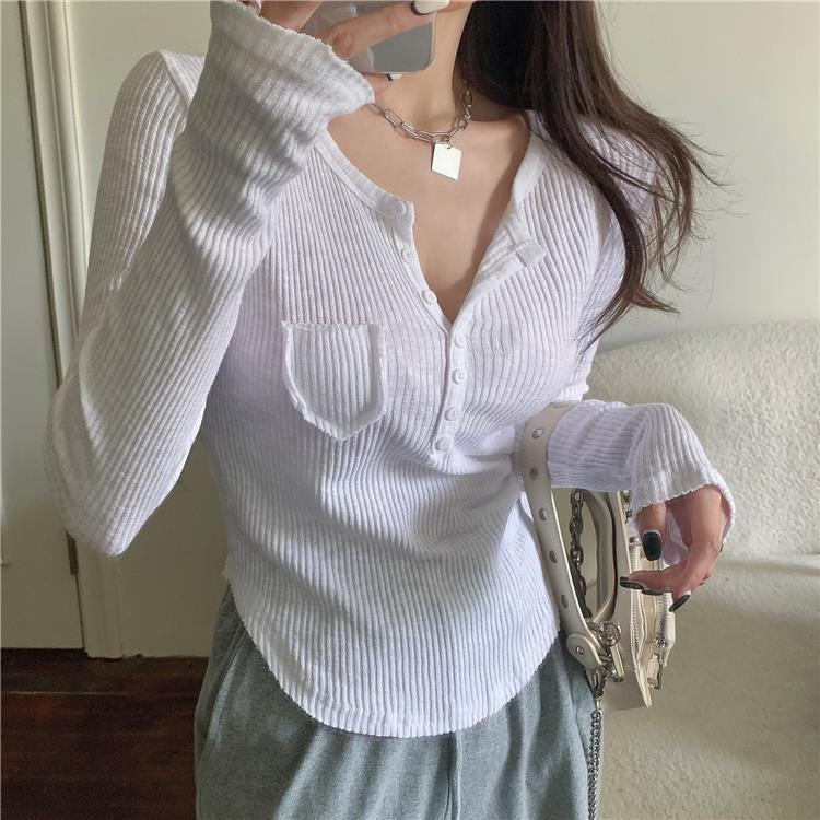 White t-shirt women's v-neck long-sleeved slim short section slim hot girl top early autumn design sense niche bottoming shirt inner wear