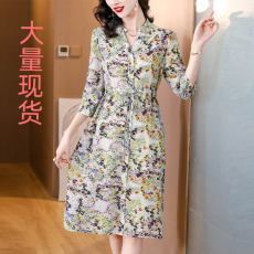 批发实拍高档真丝印花长裙2026春季新款<b class='q'>大码</b>女装大摆连衣裙