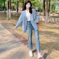 批发绵羊绒慵懒风复古日系高级感针织开衫外套毛衣牛仔<b class='q'>长裤</b>三件套