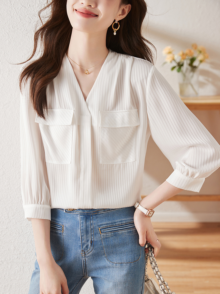MY15917# 时尚白色V领衬衫上衣新款小个子通勤百搭七分袖衬衣女裝貨源...