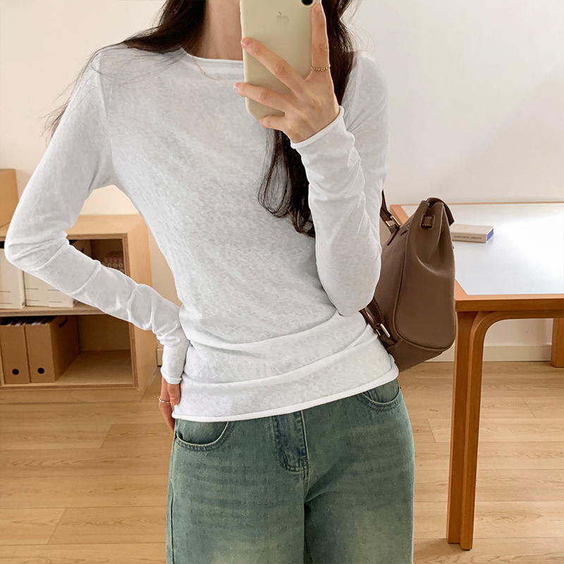 实拍图薄款纯欲辣妹长袖T恤女早秋2023新款百搭打底衫修身上衣