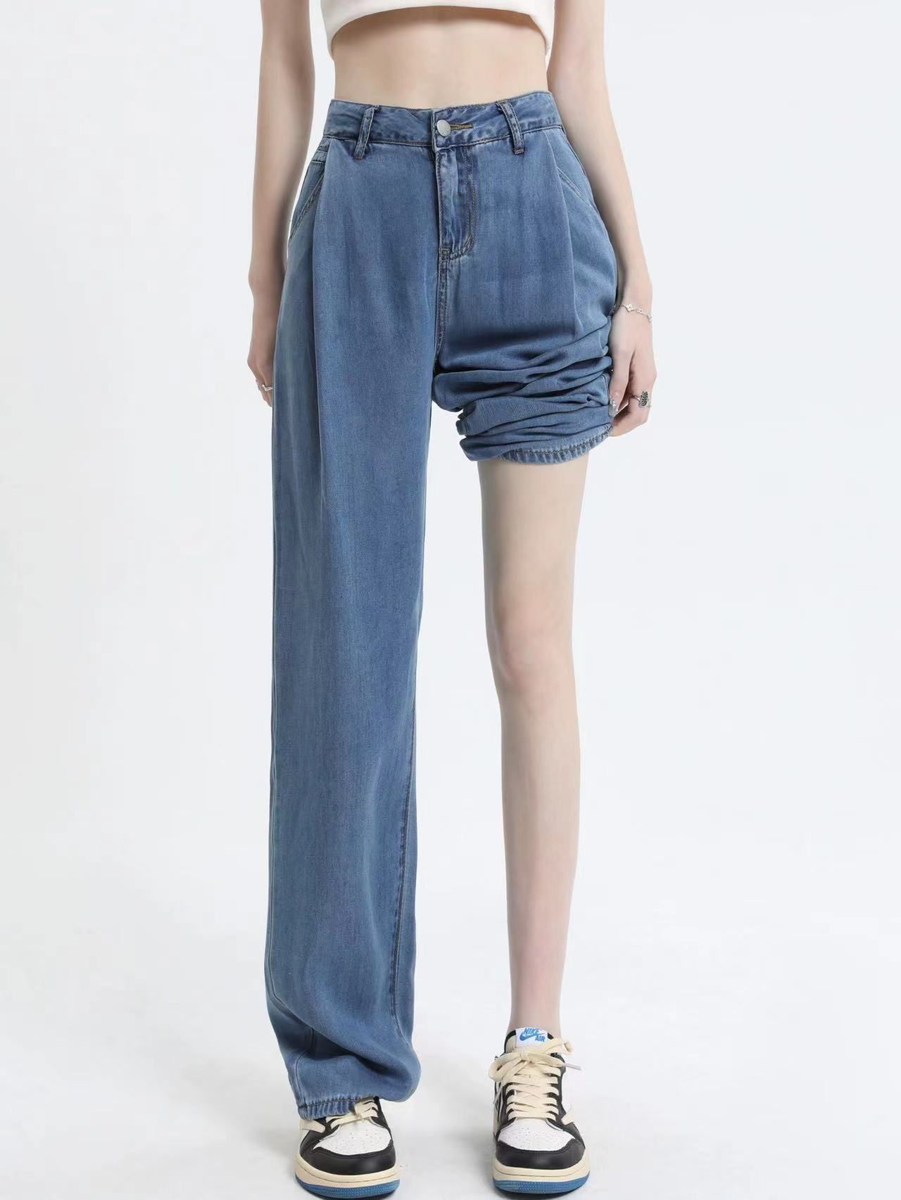 Tencel denim wide-leg pants for women, high-waisted, slim and drapey, loose straight-leg floor-length trousers