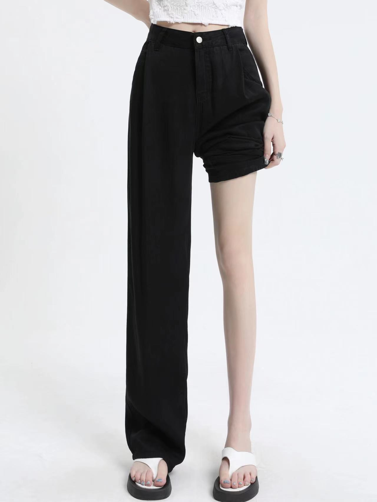 Tencel denim wide-leg pants for women, high-waisted, slim and drapey, loose straight-leg floor-length trousers