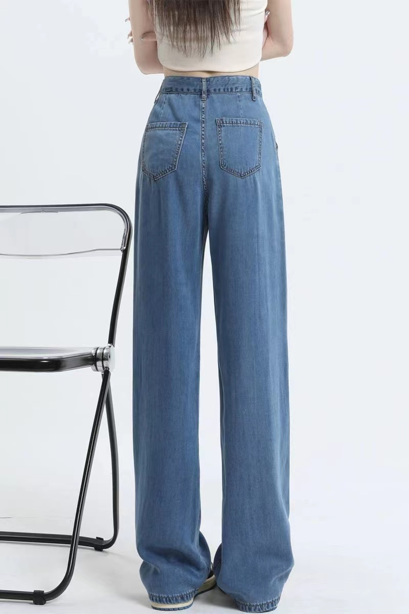 Tencel denim wide-leg pants for women, high-waisted, slim and drapey, loose straight-leg floor-length trousers