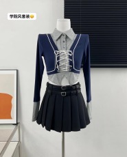 少也眼放学后 假两件长袖T恤学院风百搭上衣女2023新款辣妹衬衫