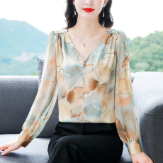 批发印花雪纺衬衫女装2026春季新款洋气长袖V领法式上衣简约小衫