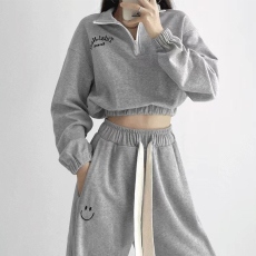 批发薄款卫衣卫裤套装女秋<b class='q'>冬</b>新款小个子显高polo衫拉链领两件套高级感