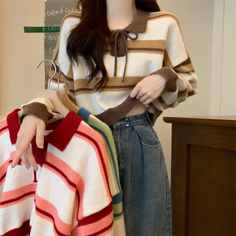 실사 정가 새 버전 한 바람 디자인 센스 스트라이프 POLO 칼라 패치워크 색상 털 니트 스웨터 스웨터