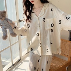 批发实拍实价韩版宽松<b class='q'>全棉</b>双纱亲肤简约数字外穿家居服长袖长裤套装