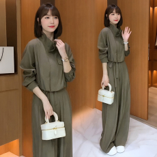 批发春秋季韩版<b class='q'>气质</b>减龄套装女2026时尚抽绳长袖上衣阔腿裤两件套