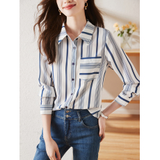 批发设计款真丝<b class='q'>条纹</b><b class='q'>衬衫</b>女春季长袖通勤百搭<b class='q'>衬衣</b>高级感气质桑蚕丝上衣