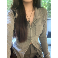 批发<b class='q'>韩国</b>外贸260克罗纹德绒90涤10氨纶 外套女修身显瘦开衫辣妹纯欲