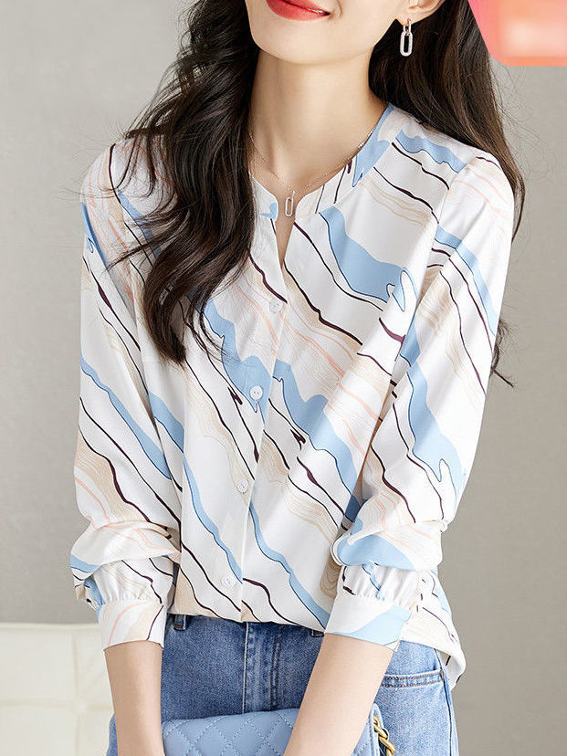 PF19322# 熙世界艺术感画廊印花衬衫女洋气时尚小衫长袖法式上衣女2024早春女裝貨源服裝批發