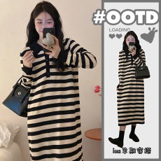 批发实拍2026大码女装秋冬装新款胖mm简约条纹长袖休闲针织衫连衣裙