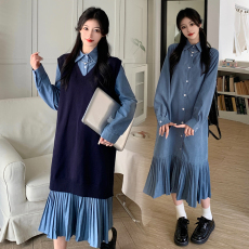 实拍~2023大码女装网红春秋连衣裙套装胖mm时尚款秋冬装衬衫长裙