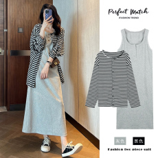 批发图片已经处理 秋季韩系休闲中长款两件套灰色孕妇套装连衣裙