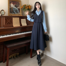 批发法式学院风假两件长袖连衣裙女装初秋季2025新款<b class='q'>衬衫</b>裙学生长裙子