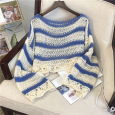 批发实拍 大货 2026春装新款ins设计感短款条纹粗针<b class='q'>镂空</b><b class='q'>针织衫</b>毛衣女