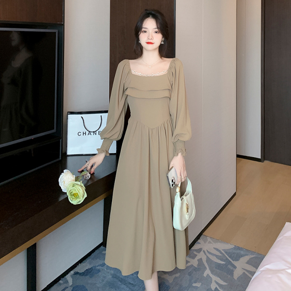 RM21183#新款女装法式优雅方领纯色裙子长袖连衣裙女