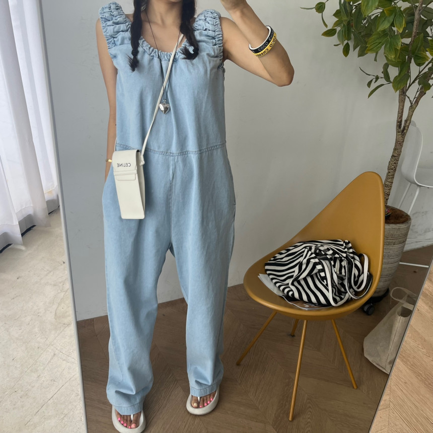 지금 레트로 워싱 연령 감소 슬림해 보이는 루즈핏 참나무 늑골 u 칼라 데님 올인원 바지