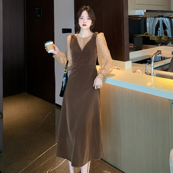 RM21188#新款法式优雅植绒波点网纱上衣+背带裙两件套连衣裙