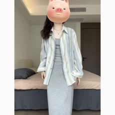 批发休闲通勤套装裙女夏季<b class='q'>修身</b>弹性纯色吊带裙慵懒宽松条纹<b class='q'>衬衫</b>两件套