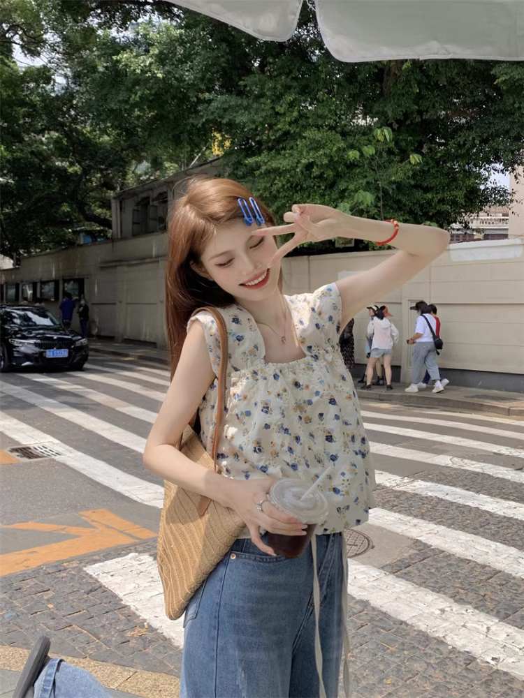 Sleeveless short square collar heavy industry embroidered floral vest top women's skin-covering thin top