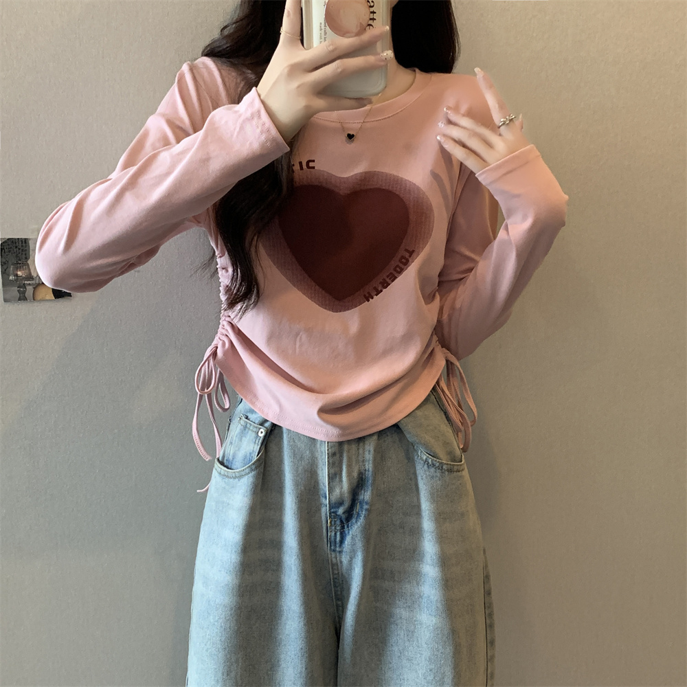 Real shot Spring new design drawstring love slimming inner layering shirt top long-sleeved short T-shirt women's clothing