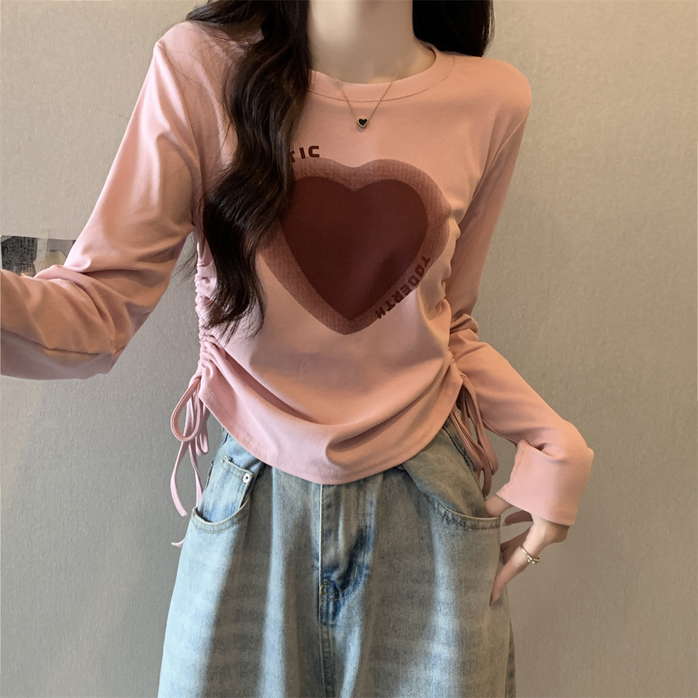 Real shot Spring new design drawstring love slimming inner layering shirt top long-sleeved short T-shirt women's clothing