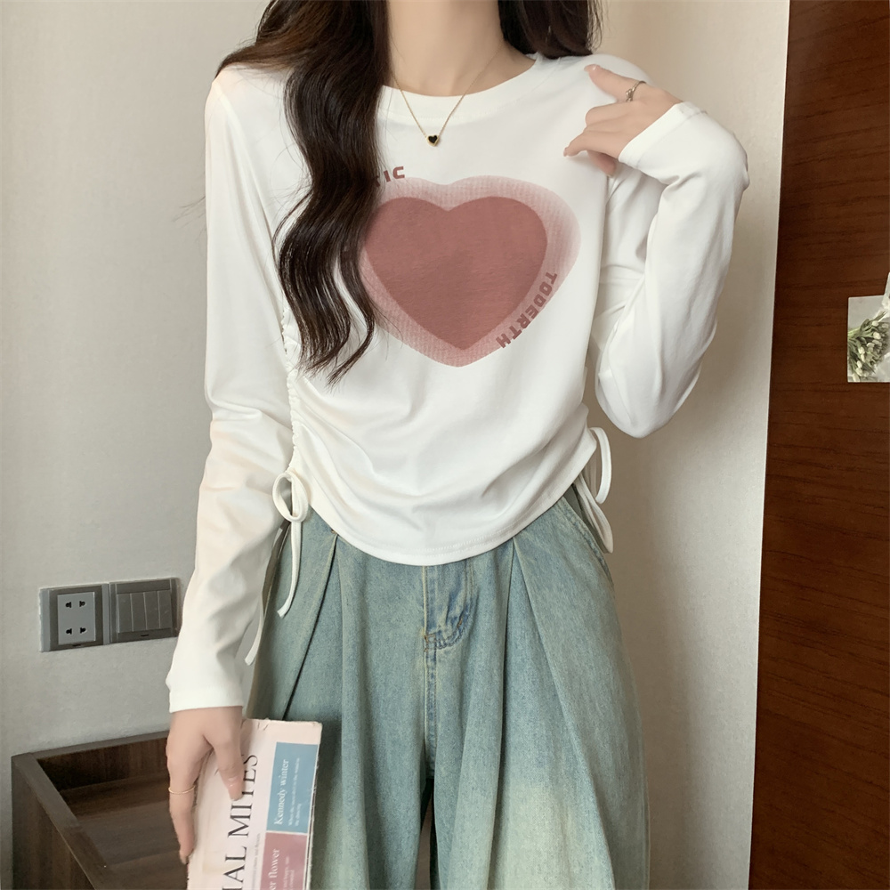 Real shot Spring new design drawstring love slimming inner layering shirt top long-sleeved short T-shirt women's clothing