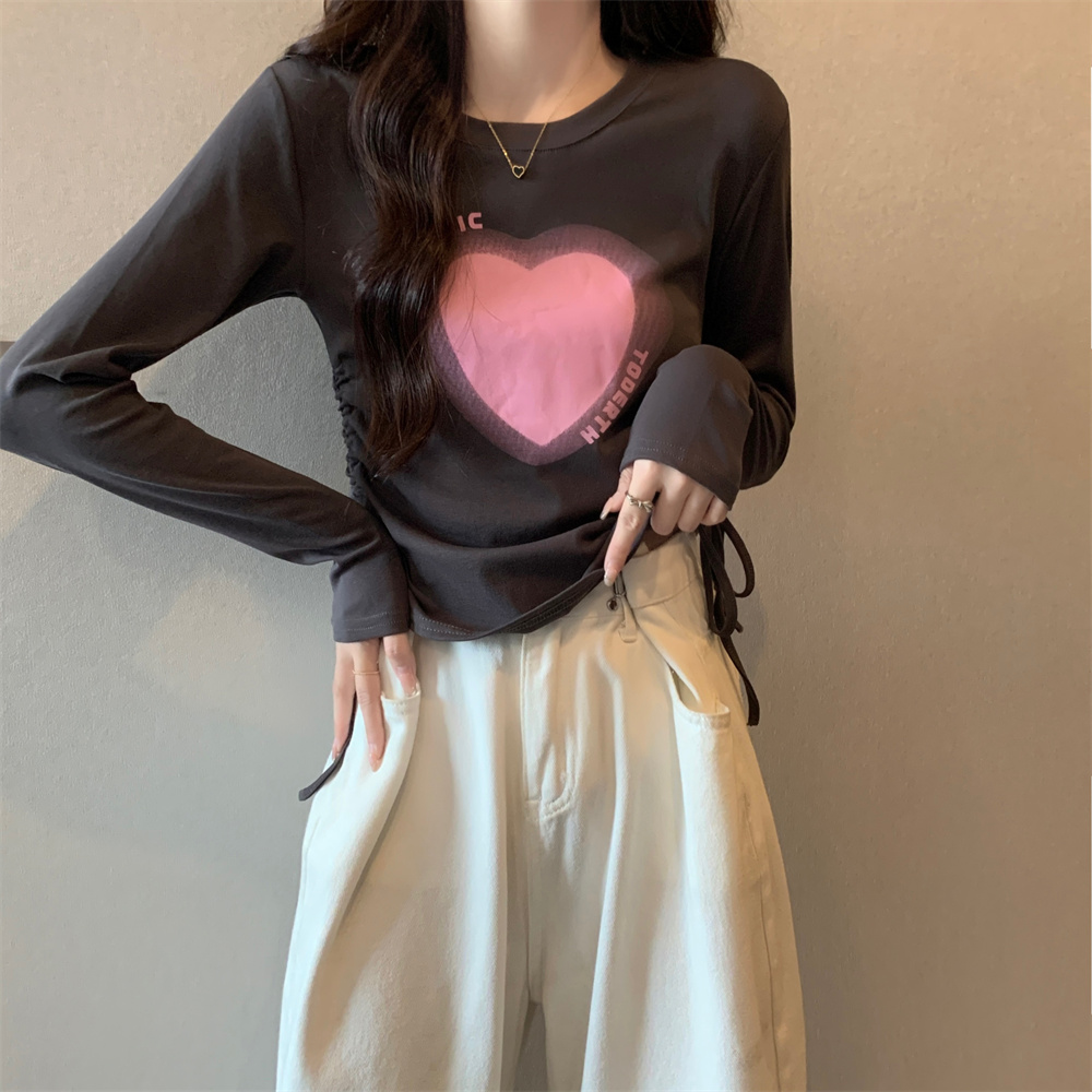 Real shot Spring new design drawstring love slimming inner layering shirt top long-sleeved short T-shirt women's clothing