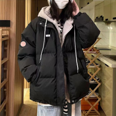 韩版设计感连帽拼接假两件羊羔毛棉服女冬季新款ins学生棉衣外套