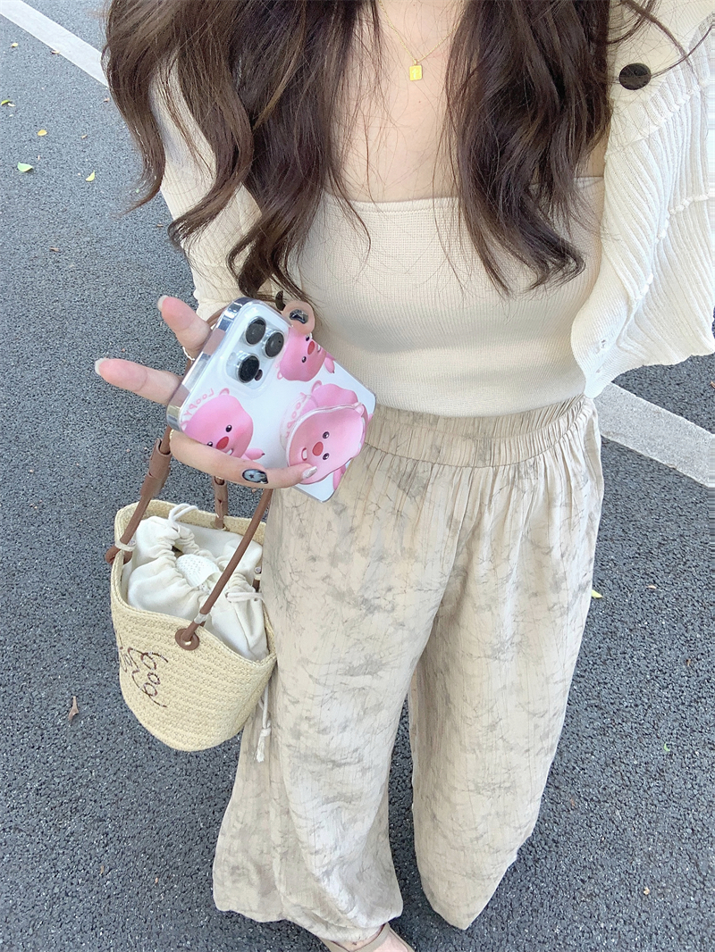 實拍#針織開衫長袖修身外套吊帶上衣+印花高腰闊腿長褲三件套