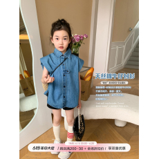 批发儿童<b class='q'>夏</b>装洋气牛仔短袖衬衫2023新款中小女童韩版无袖衬衣上衣潮